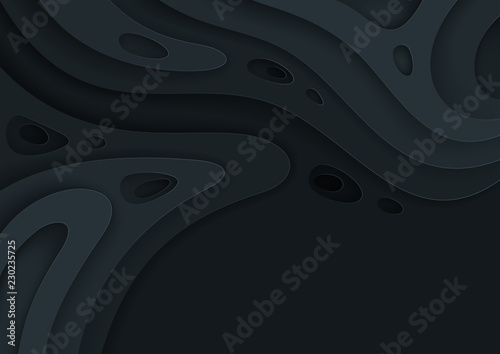 Abstract paper cut black background with wavy layers; Realistic carving art; Vector 3d template with place for text.
