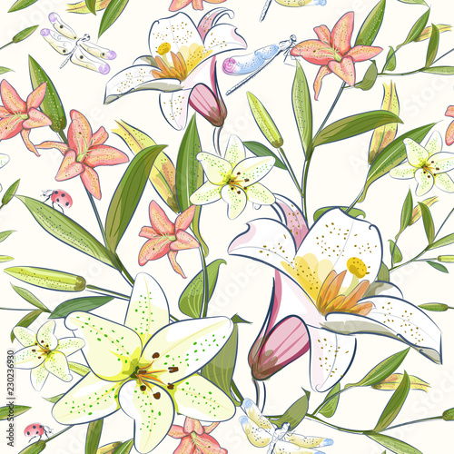 Fototapeta Naklejka Na Ścianę i Meble -  Floral seamless pattern, lilies print on paper or textile. Lilies background. Summer plants.