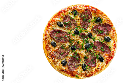 Pizza with Mozzarella cheese, salami, pepper, pepperoni, olives, Spices and Fresh Basil. Italian pizza isolated on white background. with copy space. top view