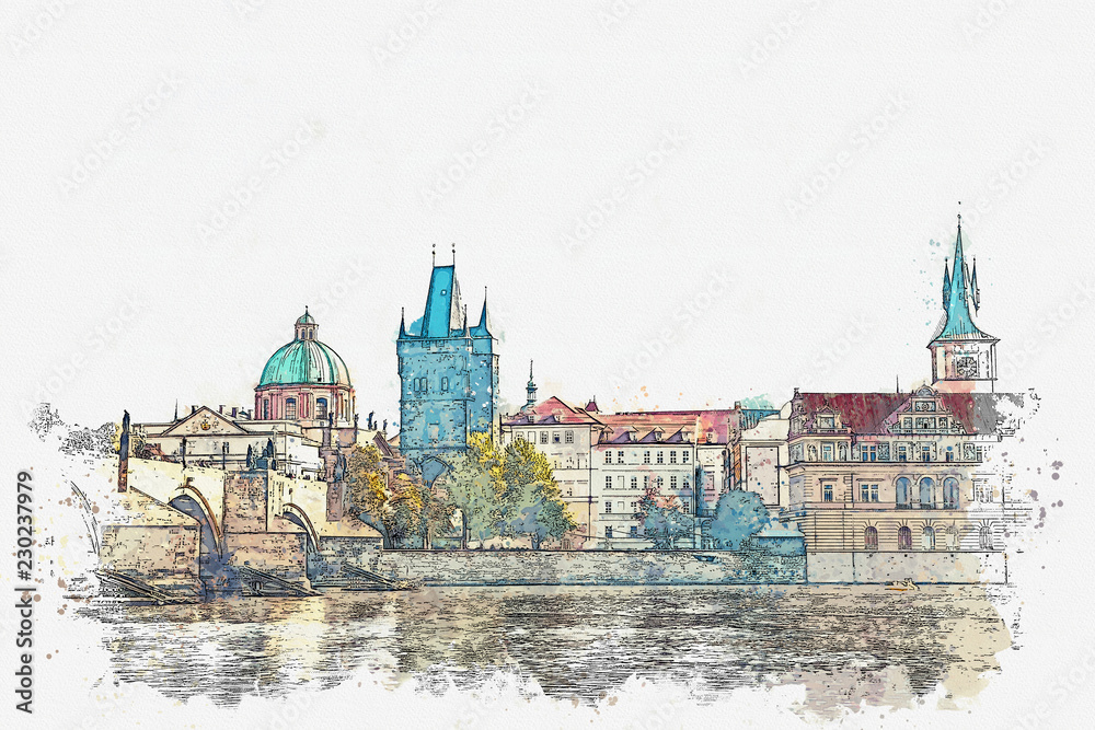 Fototapeta premium Watercolor sketch or illustration of a beautiful view of the ancient architecture of Prague and the Charles Bridge over the Vltava River.