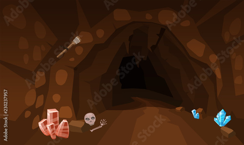 Treasure cave with crystals. Concept, art for computer game. Background image to use games, apps, banners, graphics. Vector cartoon illustration