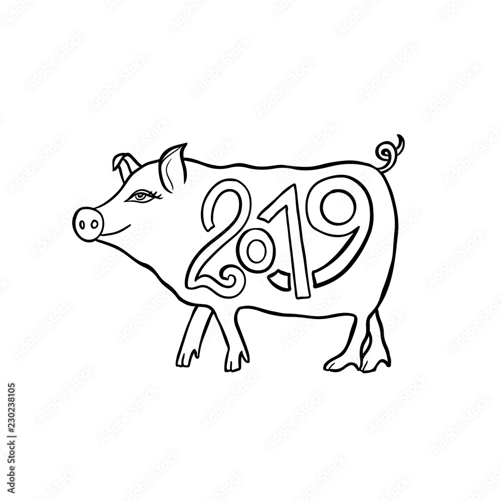 Asian new year sign. Funny pig. 2019 vector illustration. Asian new year sign. Funny pig. 2019 vector illustration.
