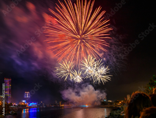 Colorful firework display over city on beach. Firework celebration sparkling in midnight sky,