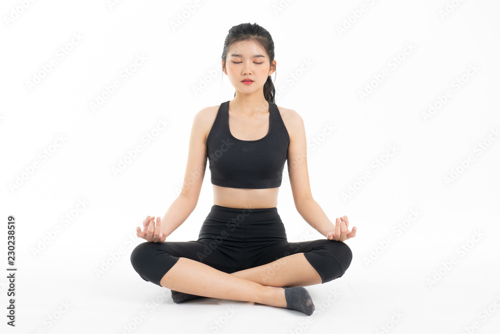 Sporty young asian woman doing yoga practice isolated on white background - concept healthy life fitness for slim. Sporty young asian woman doing yoga practice isolated on white background - concept healthy life fitness for slim.