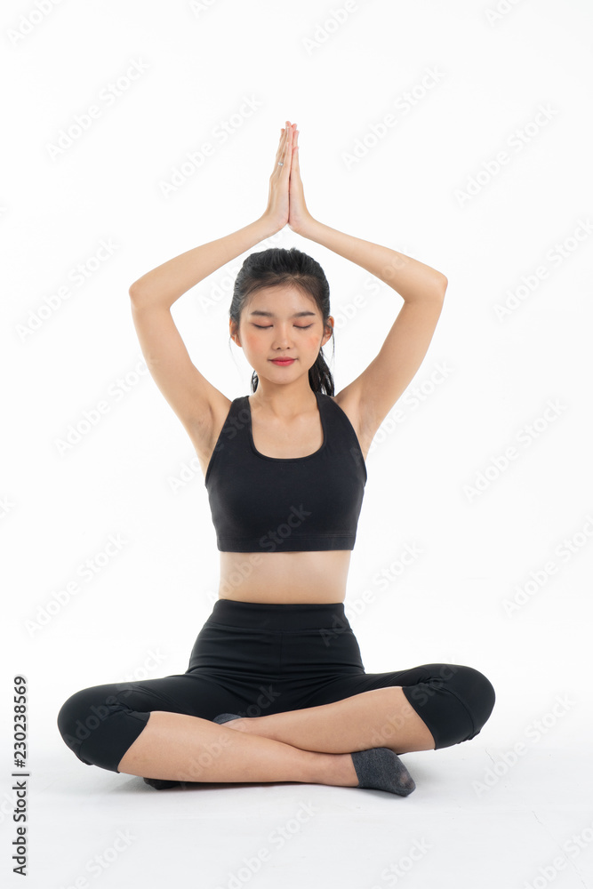 Sporty young asian woman doing yoga practice isolated on white background - concept  healthy life  fitness for slim.