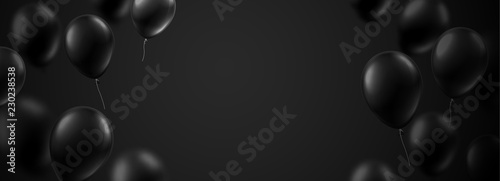 Black holiday banner with balloons. Holiday decoration.