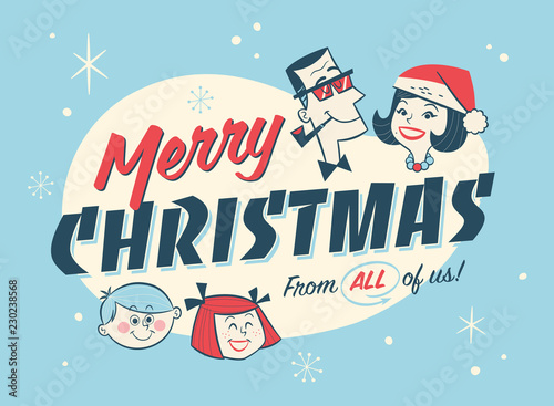 Vintage Style Family Spirit Christmas Postcard. Editable EPS10.