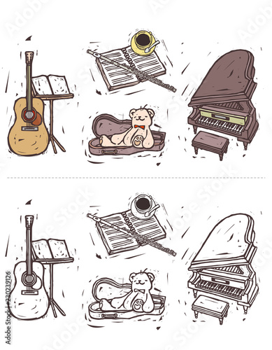Variation of musical instrument displayed in a row against white background
