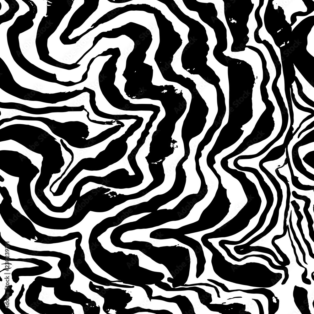 Brush painted wave seamless pattern. Black and white stripes grunge background.