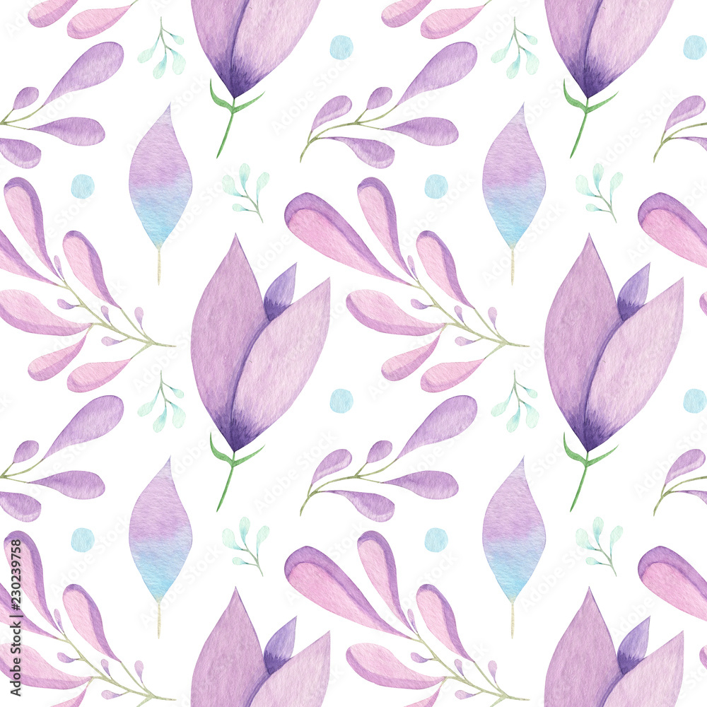Watercolor Flowers and Leaves Seamless Pattern Watercolor Flowers and Leaves Seamless Pattern