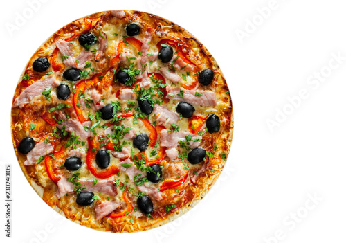 Pizza with Mozzarella cheese, ham, pepper, meat, Tomatoes, olives, Spices and Fresh Basil. Italian pizza isolated on white background. with copy space. top view