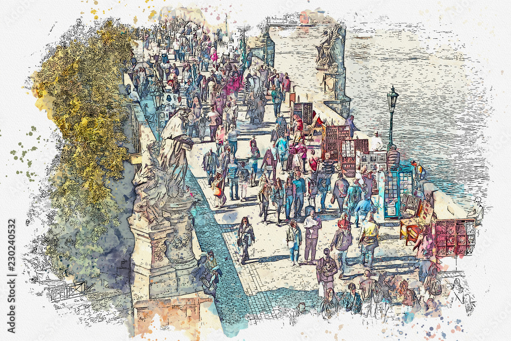 Naklejka premium Watercolor sketch or illustration of the view of the Charles Bridge over the Vltava River in Prague. Tourists and locals walk along the bridge. Popular city landmark.