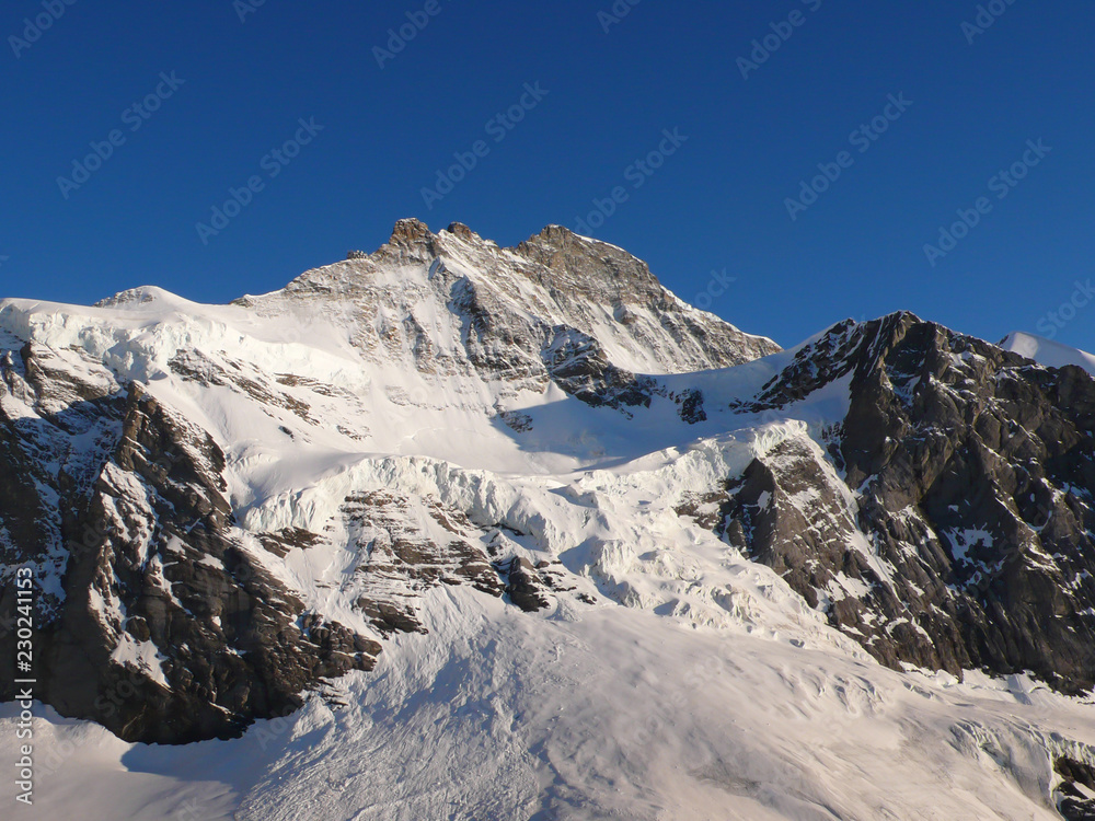 the north face of Jungfrau mountain peak in warm evening light in the Swiss Alps above Grindelwald