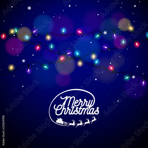Christmas Illustration with Glowing Colorful Lights Garland for Xmas Holiday and Happy New Year Greeting Cards Design on Shiny Blue Background.