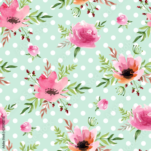 Seamless white pattern with watercolor flowers