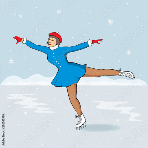 Illustration with figure skater on a ice rink,cartoon vector illustration