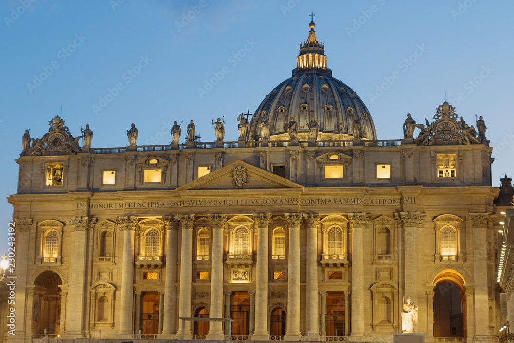 Night view of empty  St. Peter's Basilica in Vatican City. 