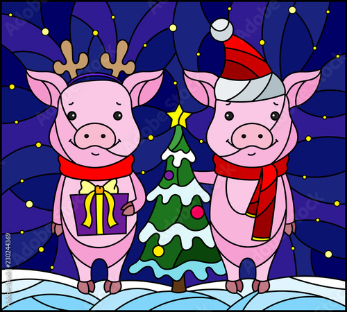 Illustration in stained glass style with a pair of cartoon pigs and a Christmas tree on a background of snow and starry sky