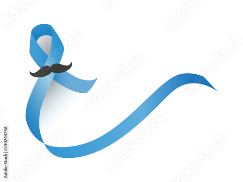 Blue ribbon with mustache vector. Prostate cancer and diabetes awareness month ribbon isolated on white background.