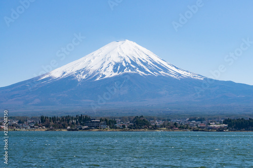  Fuji mountain with snow cover on the top with could  Japan