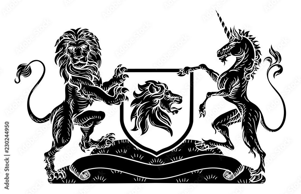A medieval heraldic coat of arms emblem featuring rampant guardant lion ...