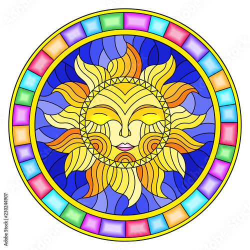 Illustration in the style of a stained glass window with abstract sun in bright frame,round image