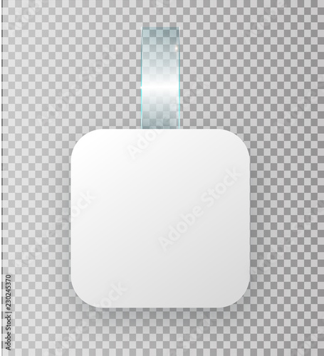 Blank white wobbler hang on wall mock up, 3d rendering. Space round paper mockup on plastic transparent strip. Clear price sticker square shape.