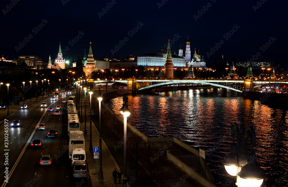 Moscow night cityscape. Moscow-river, Kremlin, Bridge