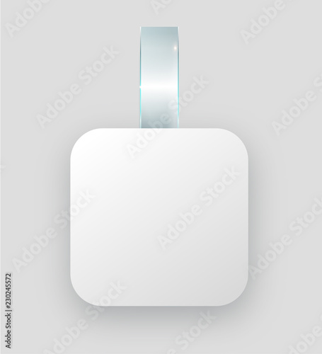 Blank white wobbler hang on wall mock up, 3d rendering. Space round paper mockup on plastic transparent strip. Clear price sticker square shape.