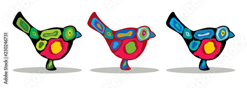 Birds, three colorful bullfinches, abstract silhouettes of birds. Vector illustration