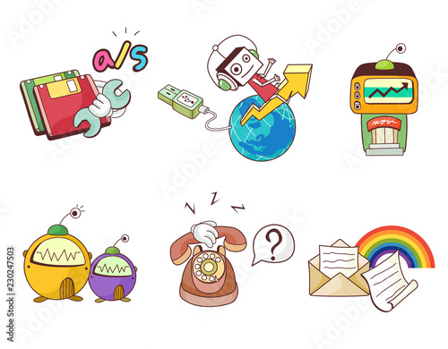 Variation of colorful objects displayed in a row against white background