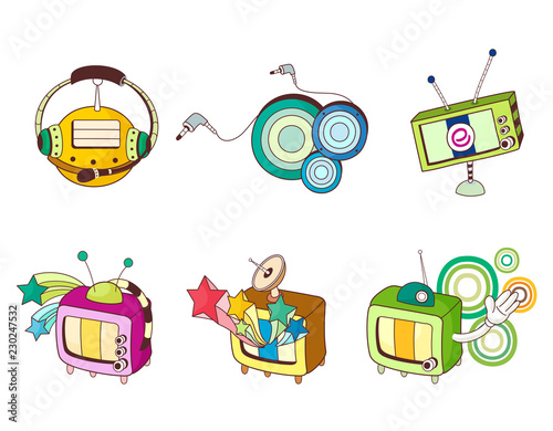 Variation of colorful objects displayed in a row against white background