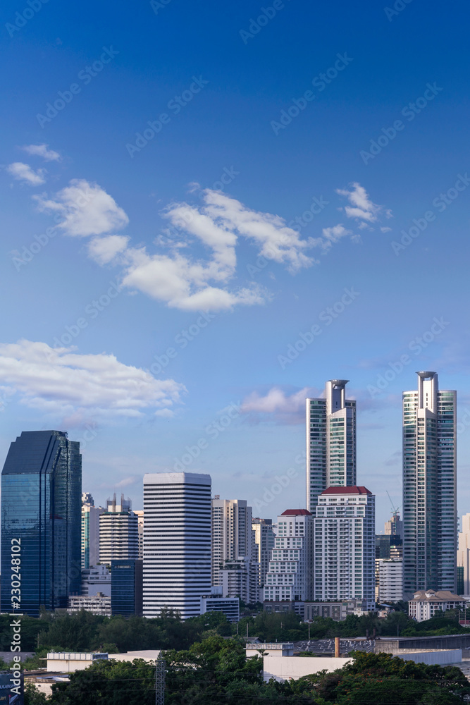 cityscape of Bangkok city skyline with blue sky background, Bangkok city is modern metropolis of Thailand and favorite of tourists