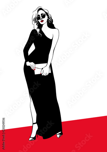 Beautiful woman in black dress wearing sunglasses. Small clutch in her hands. On red carpet. Vector illustration. Eps 10.