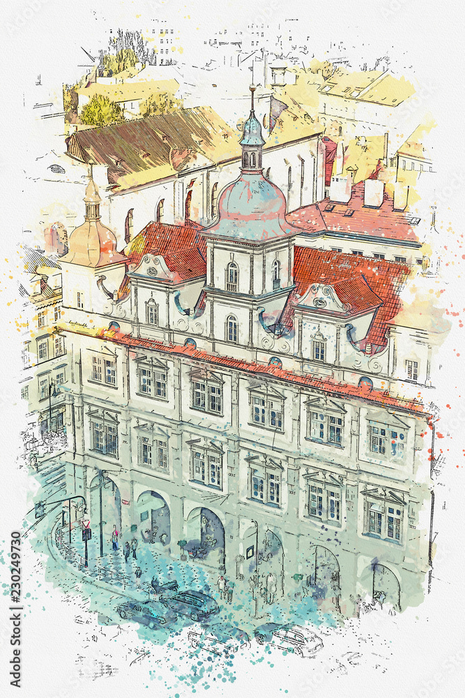 illustration or watercolor sketch. Traditional old architecture in Prague in the Czech Republic. European architecture.