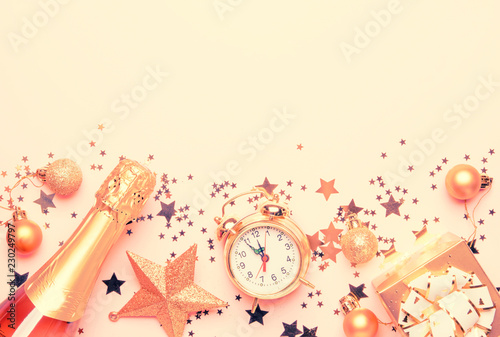 Photography Christmas or New Year composition, frame, pink background with gold Christmas de