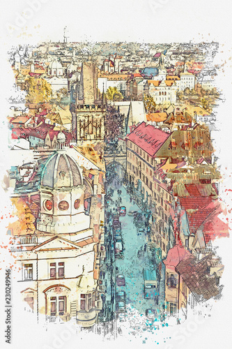 Watercolor sketch or illustration of the view on the ancient architecture of Prague. City street with road, cars and people. Daily life.