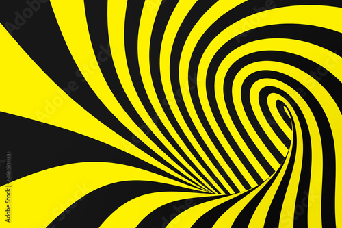 Black and yellow spiral tunnel from police ribbons. Striped twisted hypnotic optical illusion. Warning safety background.