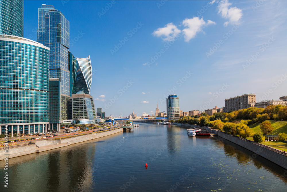 View of the Moscow International Business Center, Moscow River and the Bagration Bridge, Moscow, Russia