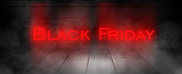 Black Friday sale, banner, poster. Dark background of old brick wall, red neon, smoke.