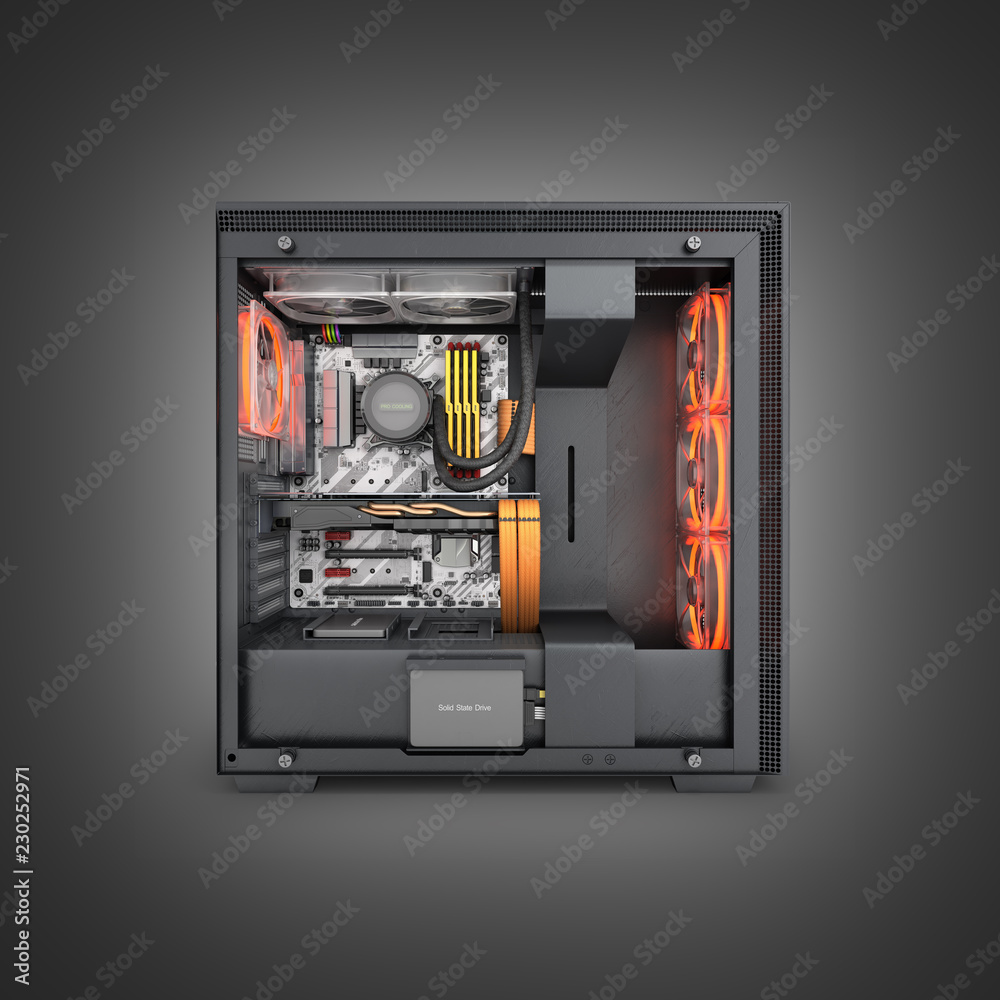 Open computer with red lighting effects and water cooled cooling system ...