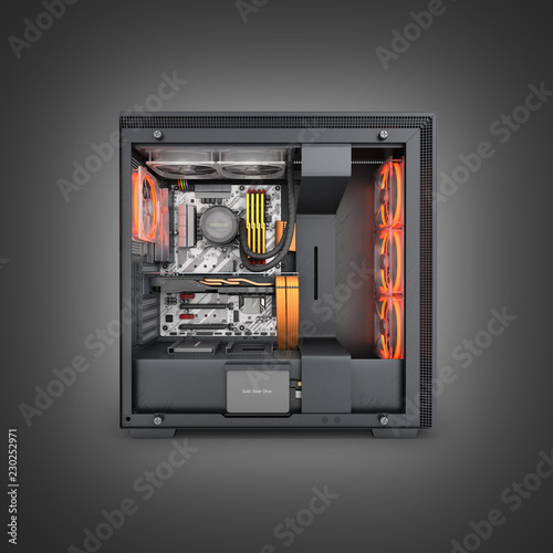 Open computer with red lighting effects and water cooled cooling system on black gradient background 3d render
