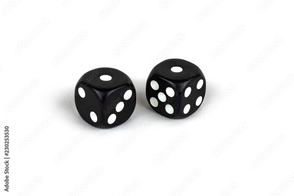 Two black dice isolated on a white background. One and one Two black dice isolated on a white background. One and one