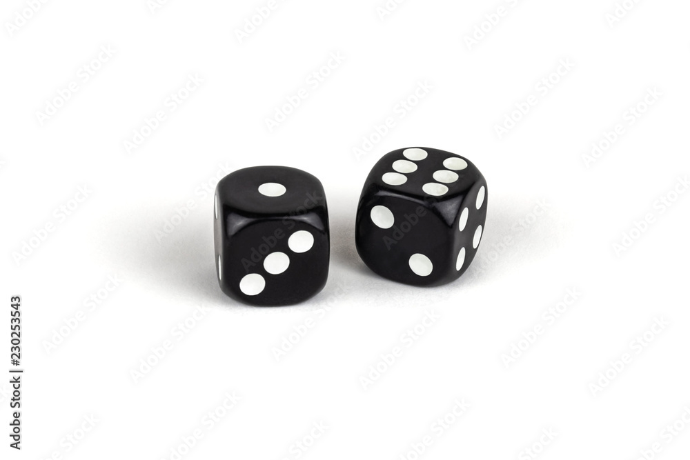 Two black dice isolated on a white background. One and six Two black dice isolated on a white background. One and six