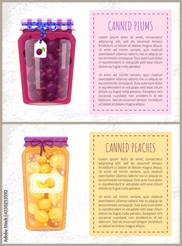 Canned Plums and Peaches Set Vector Illustration