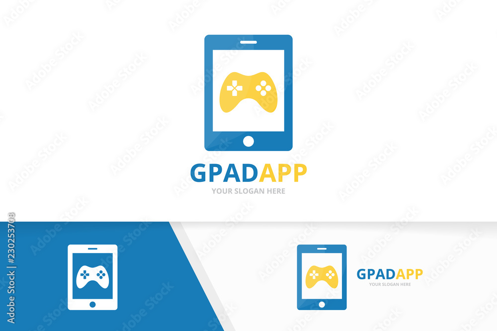 Vector joystick and phone logo combination. Gamepad and mobile symbol or icon. Unique console controller and device logotype design template.