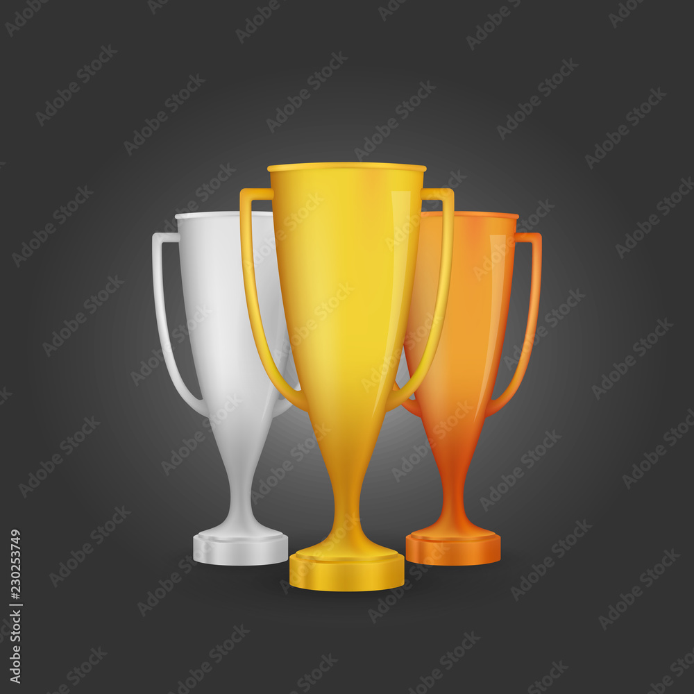 Cartoon award winner cups. Golden, silver and bronze trophy set. Vector  illustration. Stock Vector | Adobe Stock