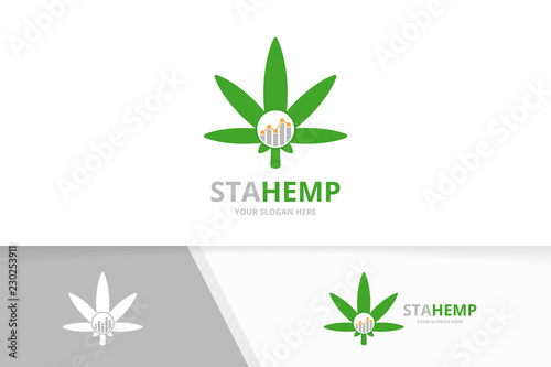 Vector marijuana leaf and graph logo combination. Hemp and diagram symbol or icon. Unique cannabis and chart logotype design template.