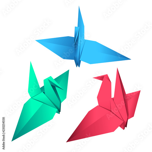 Three paper origami birds on white background. Origami birds in different colors. Vector illustration