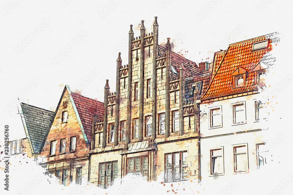 illustration or watercolor sketch. Achitecture or old houses on the street of the city elders Principalmark in Muenster in Germany. The houses were built in the 16th century. Traditional German